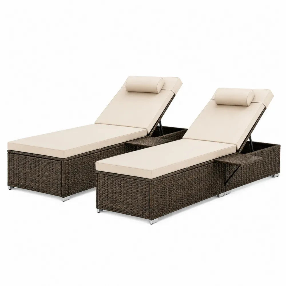 Sonnenliegen Set 2 teilig mit verstellbarer Rückenlehne Auflagen PE Rattan Stahl Braun Beige 200 x 65 x 34 cm
