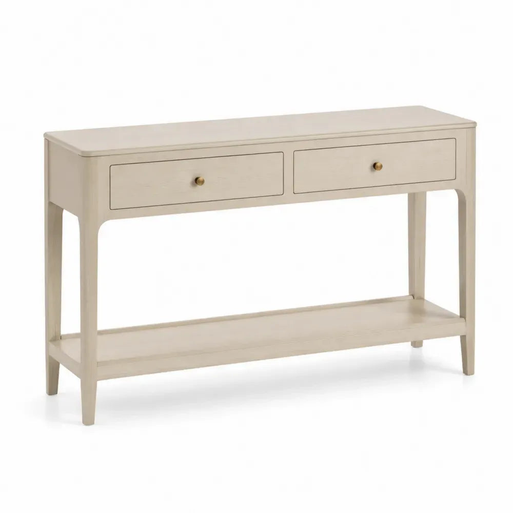 Konsolentisch mit 2 Schubladen und Ablage 120 x 35 x 80 cm MDF Gummibaumholz rechteckig Creme Messingfarben