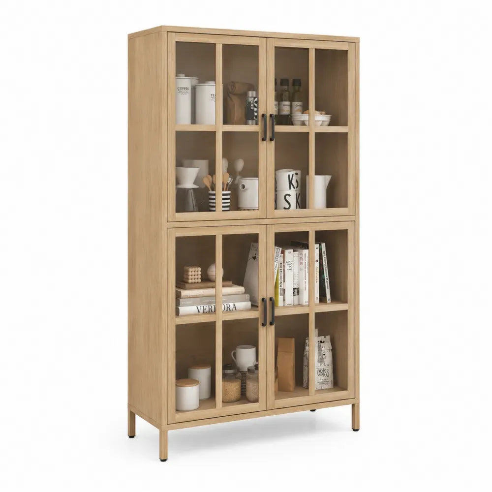 Aufbewahrungsschrank Vitrine mit 4 Glastüren MDF Spanplatte gehärtetes Glas rechteckig Eiche natur transparent schwarz 80 x 40 x 160 cm