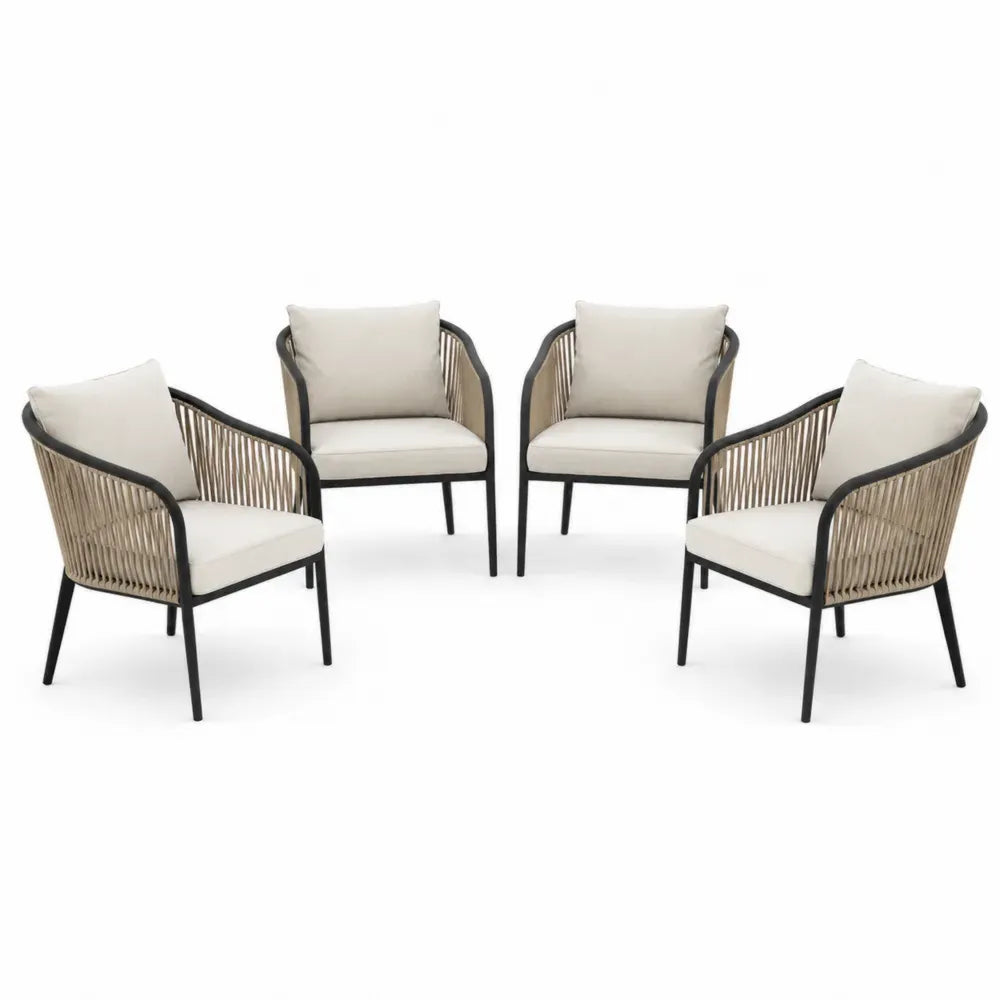 4er Set Gartenstühle mit Kissen und rundem Rücken je 58 x 61 x 78 cm pulverbeschichteter Stahl Polypropylen-Seil Naturbeige Schwarz Creme