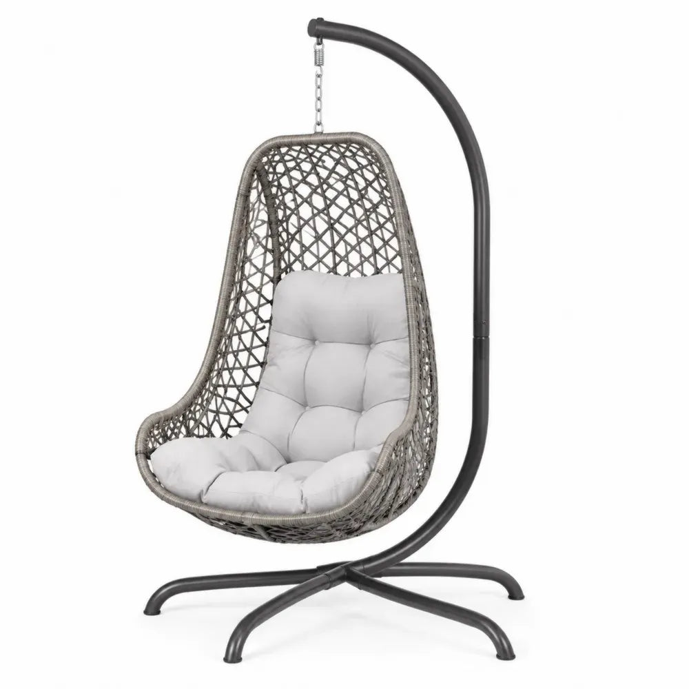 Hängesessel mit Gestell tropfenförmig 95 x 95 x 195 cm PE-Rattan pulverbeschichteter Stahl Grau Schwarz Hellgrau