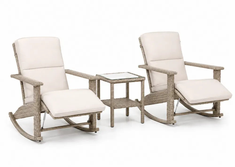 3 teiliges Gartenmöbel Set mit 2 Schaukelstühlen und Beistelltisch PE-Rattan pulverbeschichteter Stahl gehärtetes Glas Beige Creme Stuhl 68 x 91 x 96 cm Tisch 45 x 45 x 50 cm
