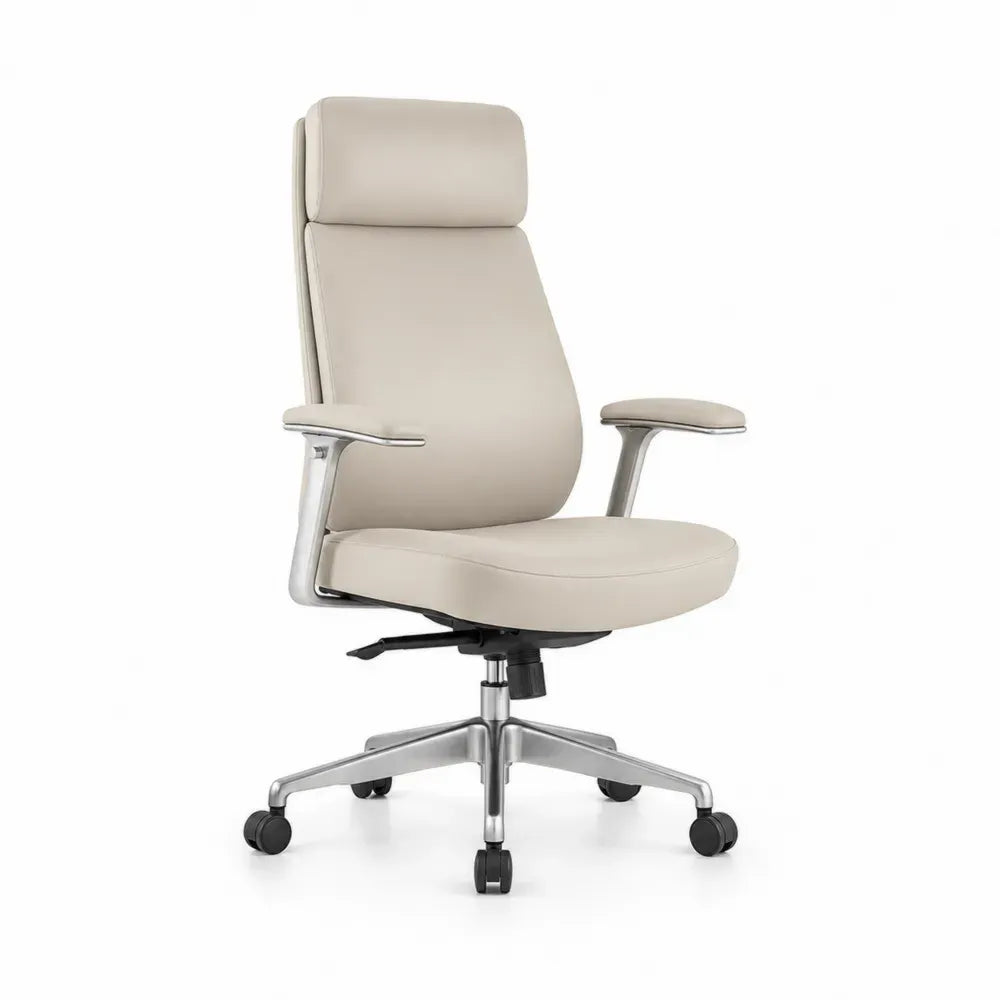 Bürostuhl Chefsessel höhenverstellbar mit Kopfstütze Rollen und Armlehnen 68 x 72 x 118-128 cm PU-Kunstleder Aluminiumlegierung Cremebeige Silber Schwarz