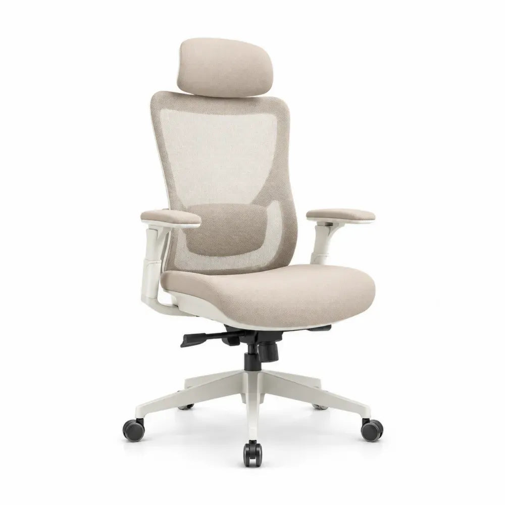 Bürostuhl Drehstuhl mit Kopfstütze Polyester Netzrücken PP Kunststoff Fußkreuz beige weiß schwarz 66 x 66 x 116 bis 128 cm
