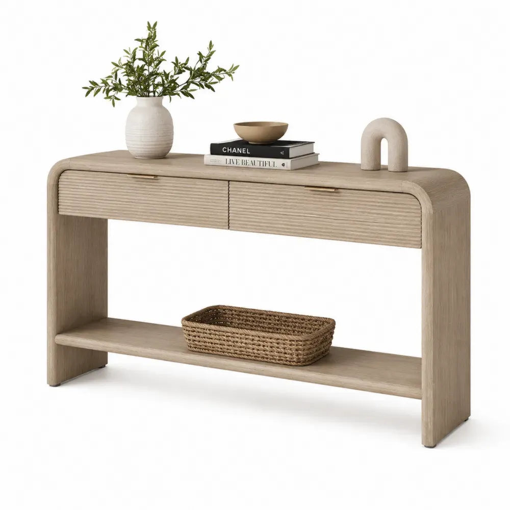 Konsolentisch mit 2 Schubladen und Ablage 120 x 35 x 80 cm MDF Spanplatte Eichenfurnier geriffelte Front Eiche Natur Goldfarben
