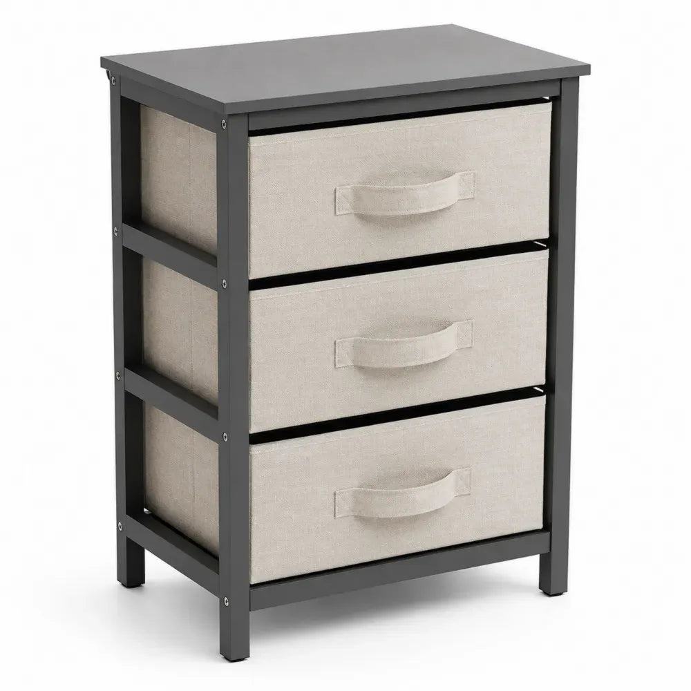 Aufbewahrungsschrank Kommode mit 3 Stoffschubladen MDF Stahl Polyester-Vliesstoff rechteckig schwarz beige 45 x 30 x 73 cm