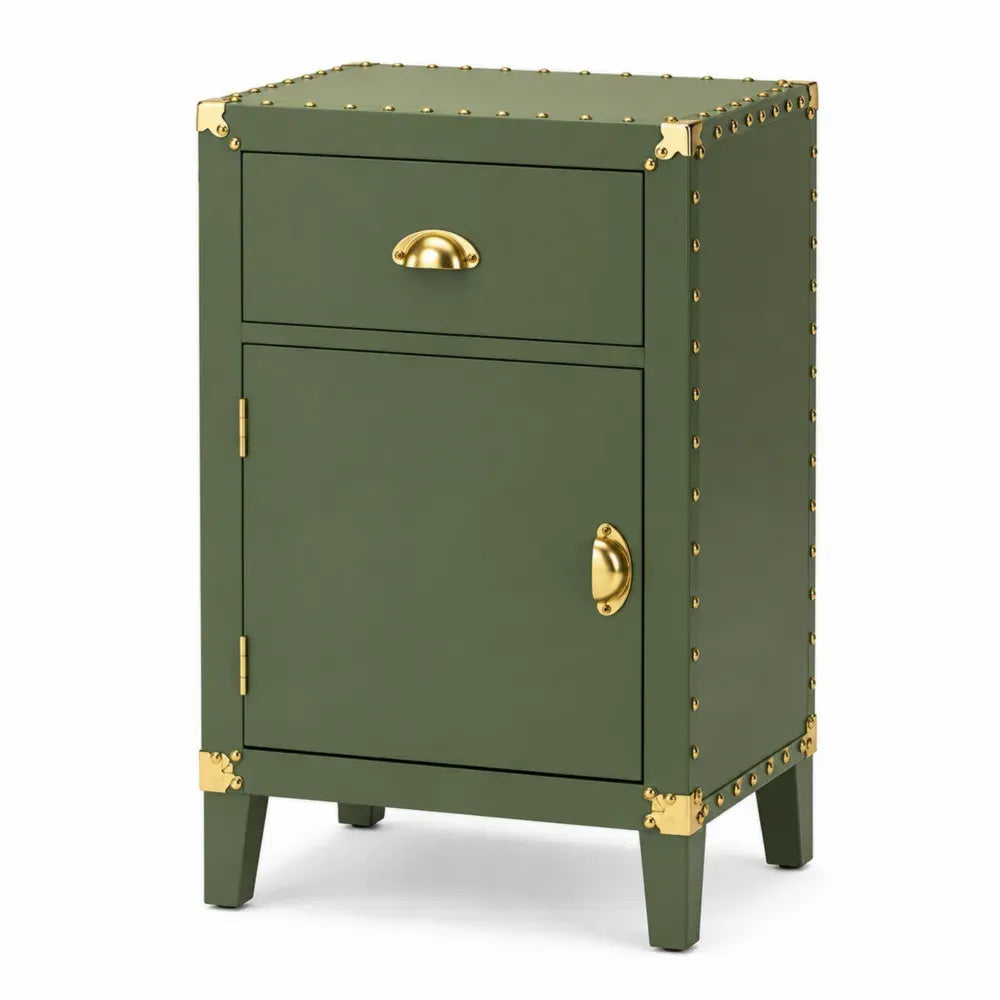 Aufbewahrungsschrank Kommode mit 1 Tür 1 Schublade 45 x 38 x 75 cm MDF Spanplatte Kautschukholz rechteckig Olivgrün Goldfarben