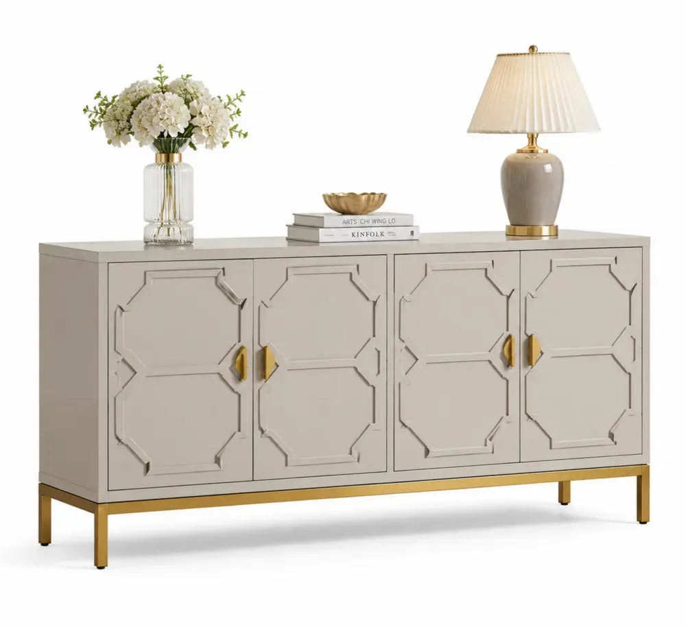 Sideboard Aufbewahrungsschrank 4 Türen 180 x 40 x 82 cm MDF Spanplatte Stahl rechteckig Cremegrau Goldfarben