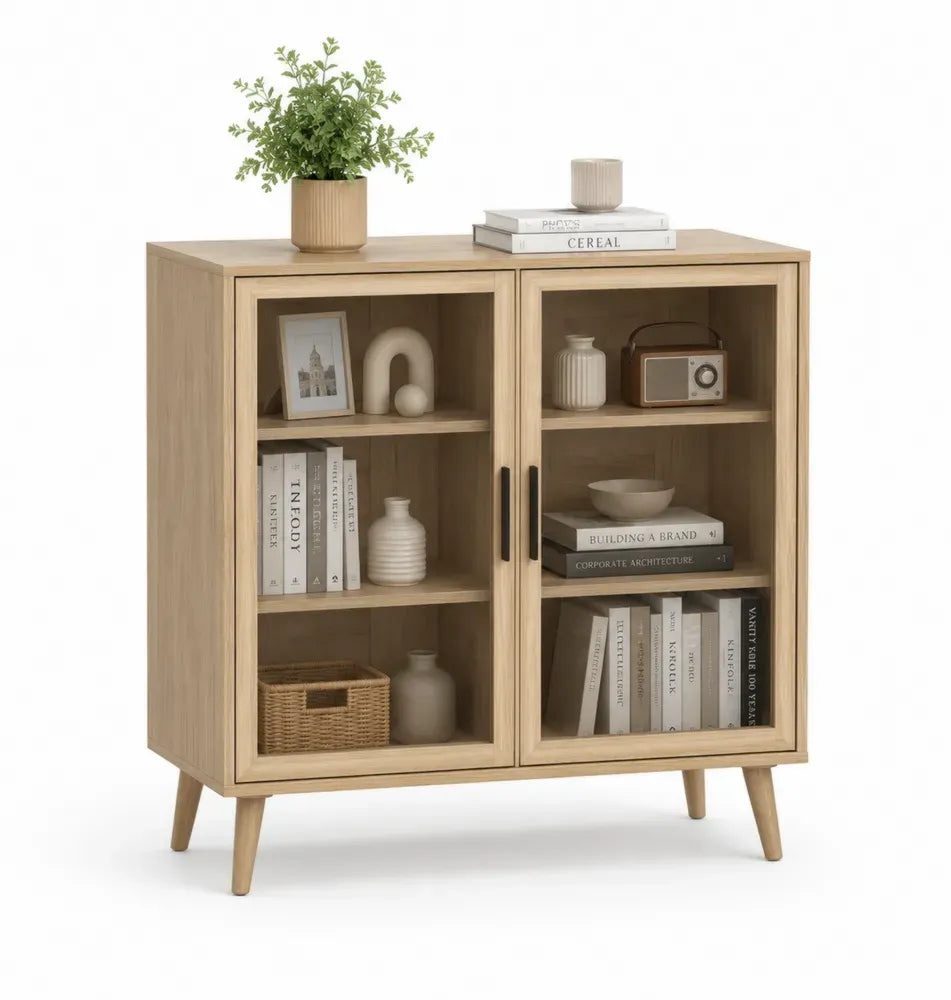 Aufbewahrungsschrank Vitrine mit 2 Glastüren MDF Spanplatte gehärtetes Glas rechteckig Eiche natur schwarz 100 x 40 x 105 cm