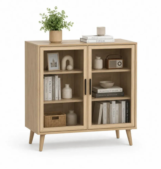 Aufbewahrungsschrank Vitrine mit 2 Glastüren MDF Spanplatte gehärtetes Glas rechteckig Eiche natur schwarz 100 x 40 x 105 cm