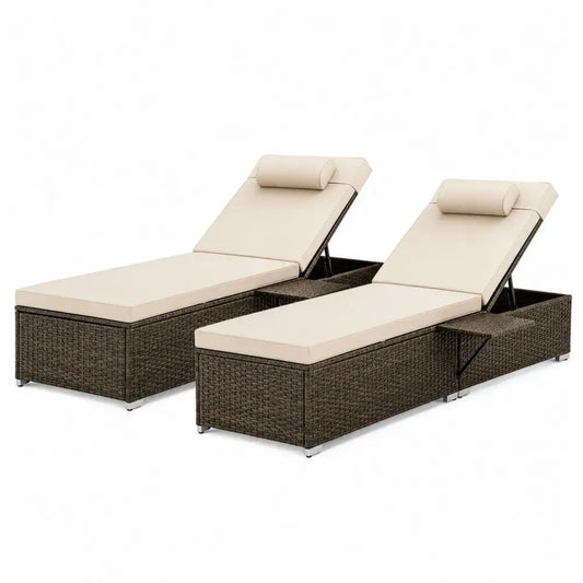 Sonnenliegen Set 2 teilig mit verstellbarer Rückenlehne Auflagen PE Rattan Stahl Braun Beige 200 x 65 x 34 cm