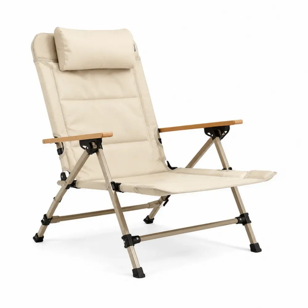 Klappsessel Gartenstuhl mit Kopfkissen und verstellbarer Rückenlehne 68 x 86 x 104 cm Aluminium Polyester-Oxford Buchenholz Creme Sandbeige Naturbraun Schwarz