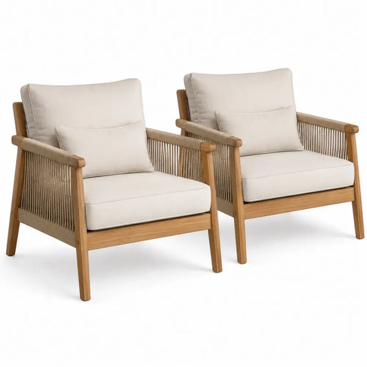 Gartenstühle 2er Set Loungesessel mit Kissen Akazienholz Polyesterseil Polyestergewebe Naturbraun Beige Cremebeige je 75 x 78 x 82 cm