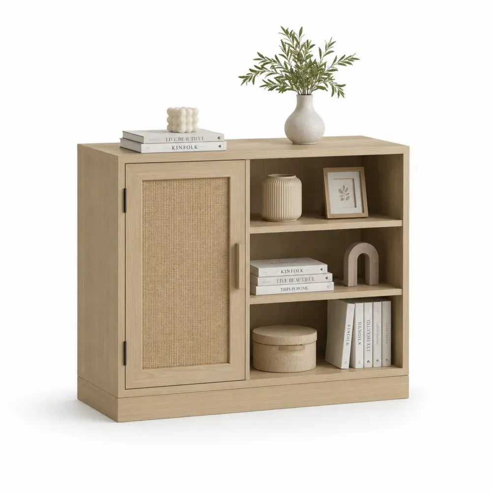 Aufbewahrungsschrank mit Rattantür MDF Spanplatte PE-Rattangeflecht rechteckig Eiche natur naturbeige schwarz 100 x 35 x 85 cm