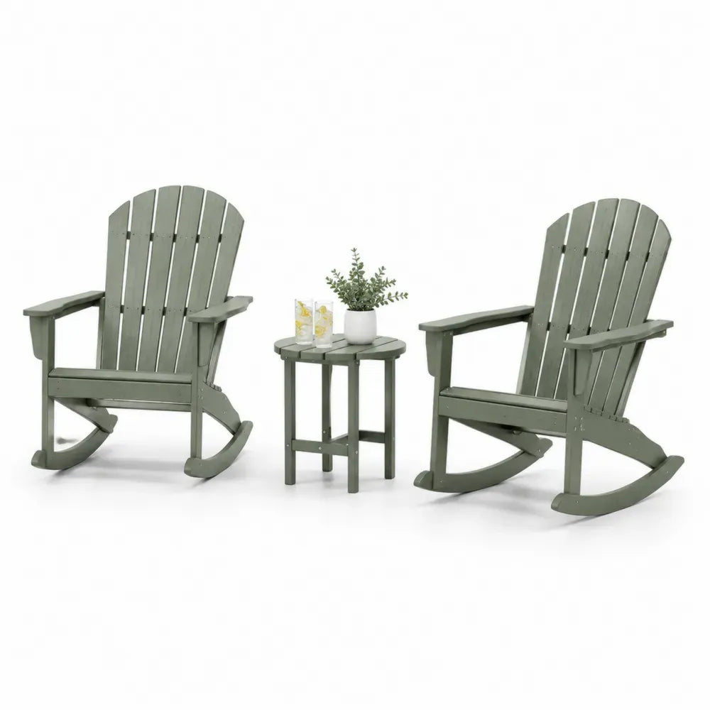 Gartenstuhl Set 3 teilig mit 2 Adirondack Schaukelstühlen und Beistelltisch HDPE Kunststoff Salbeigrün Stuhl 74 x 88 x 104 cm Tisch 45 x 46 cm