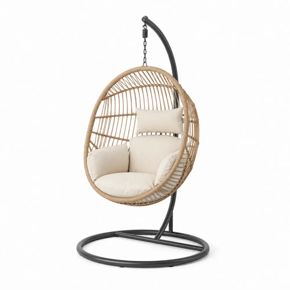 Hängesessel mit ovalem Sitzkorb und Gestell 105 x 105 x 195 cm PE-Rattan pulverbeschichteter Stahl Naturbeige Creme Schwarz