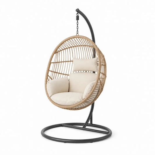 Hängesessel mit ovalem Sitzkorb und Gestell 105 x 105 x 195 cm PE-Rattan pulverbeschichteter Stahl Naturbeige Creme Schwarz