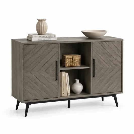 Aufbewahrungsschrank Sideboard 120 x 40 x 82 cm MDF Spanplatte Stahl Fischgrätfront Grau Schwarz