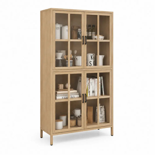 Aufbewahrungsschrank Vitrine mit 4 Glastüren MDF Spanplatte gehärtetes Glas rechteckig Eiche natur transparent schwarz 80 x 40 x 160 cm