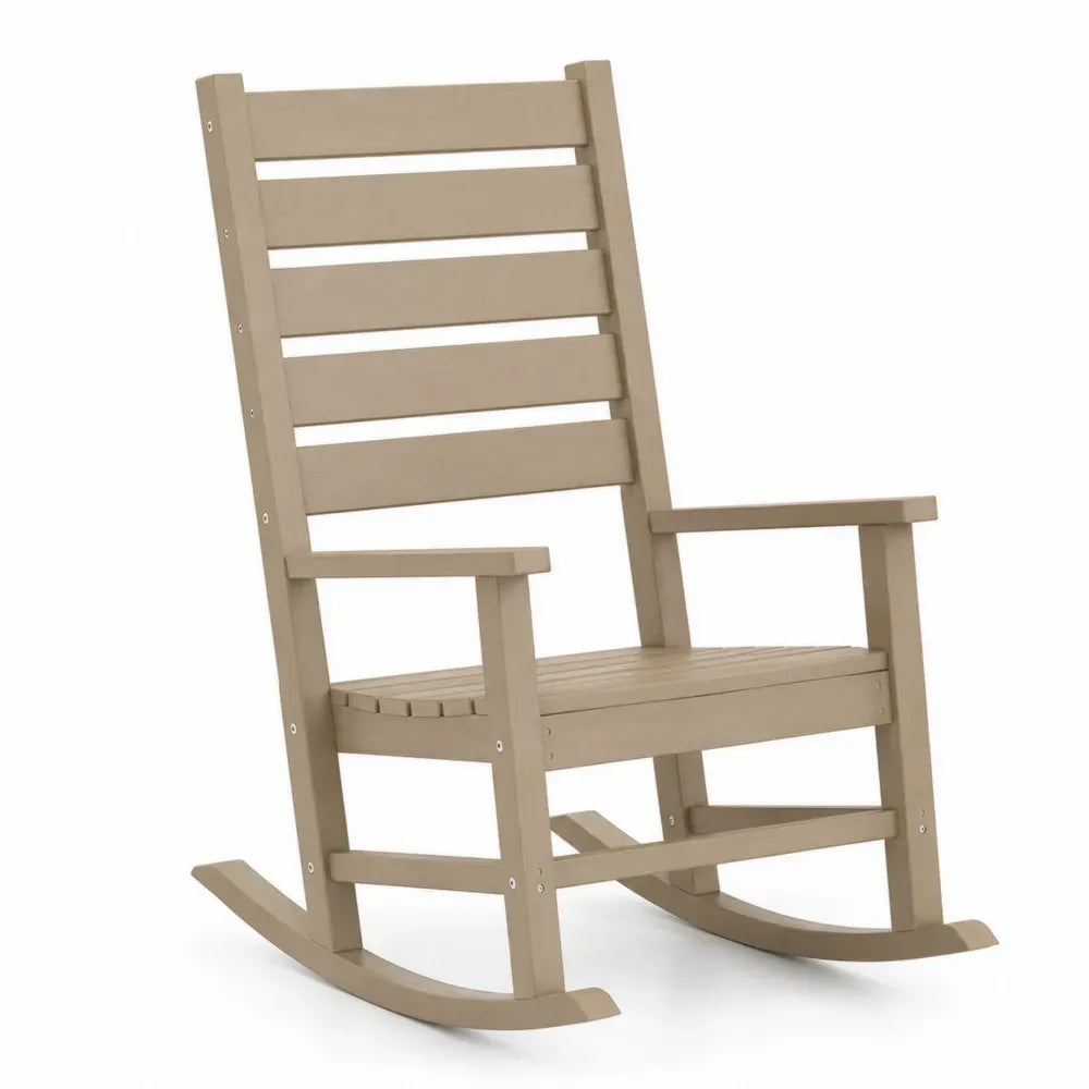 Garten Schaukelstuhl mit Armlehnen HDPE Kunststoff Lattenoptik Kufenform Taupe 70 x 88 x 112 cm