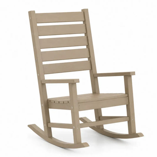 Garten Schaukelstuhl mit Armlehnen HDPE Kunststoff Lattenoptik Kufenform Taupe 70 x 88 x 112 cm