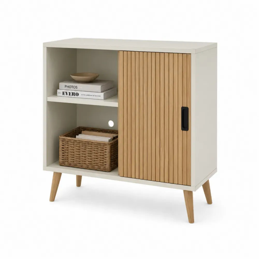 Aufbewahrungsschrank mit Schiebetür offenen Fächern MDF Spanplatte Gummibaumholz Lamellenfront creme naturholzfarben schwarz 80 x 39 x 85 cm