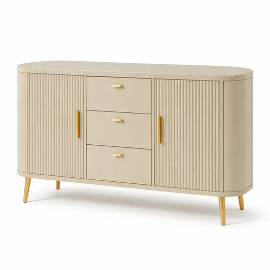 Sideboard Aufbewahrungsschrank 150 x 40 x 80 cm MDF Spanplatte Stahl geriffelte Front Cremebeige Goldfarben