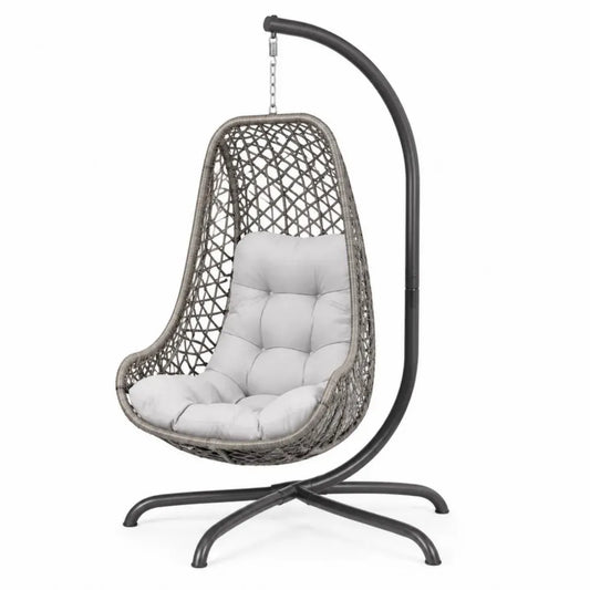 Hängesessel mit Gestell tropfenförmig 95 x 95 x 195 cm PE-Rattan pulverbeschichteter Stahl Grau Schwarz Hellgrau