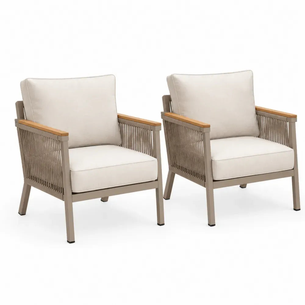 Gartenstühle 2er Set Loungesessel mit Kissen Aluminium Polyesterseil Akazienholz Taupegrau Naturbraun Creme je 74 x 78 x 83 cm