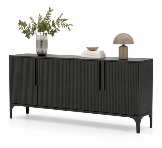 Sideboard Aufbewahrungsschrank 180 x 40 x 80 cm MDF Spanplatte Stahl rechteckig 4 Türen geriffelte Front Schwarz