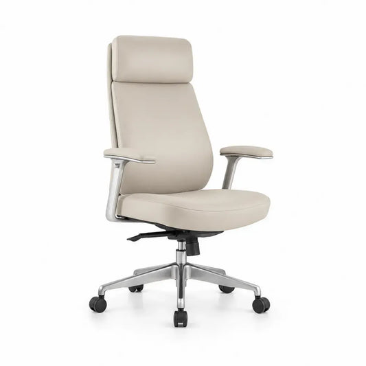 Bürostuhl Chefsessel höhenverstellbar mit Kopfstütze Rollen und Armlehnen 68 x 72 x 118-128 cm PU-Kunstleder Aluminiumlegierung Cremebeige Silber Schwarz