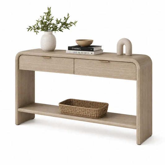 Konsolentisch mit 2 Schubladen und Ablage 120 x 35 x 80 cm MDF Spanplatte Eichenfurnier geriffelte Front Eiche Natur Goldfarben