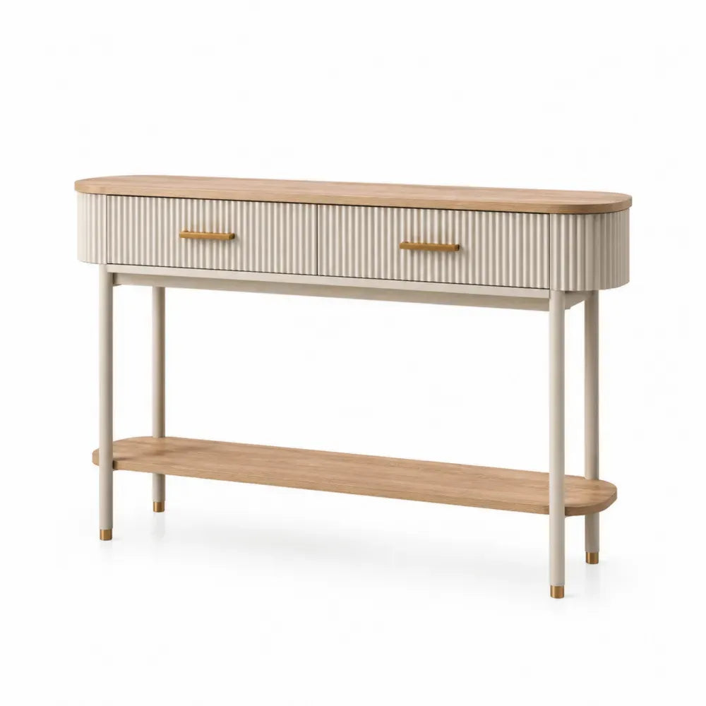 Konsolentisch mit 2 Schubladen und Ablage 120 x 35 x 80 cm MDF Eichenfurnier Stahlrohr geriffelte Front Cremebeige Eiche Natur Goldfarben