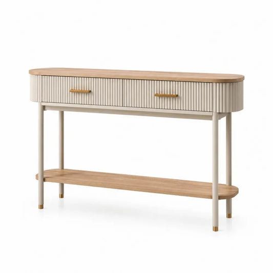 Konsolentisch mit 2 Schubladen und Ablage 120 x 35 x 80 cm MDF Eichenfurnier Stahlrohr geriffelte Front Cremebeige Eiche Natur Goldfarben