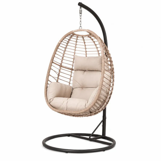 Hängesessel mit Gestell oval 105 x 95 x 195 cm PE-Rattan pulverbeschichteter Stahl Naturbeige Schwarz Beige