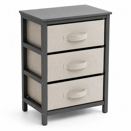 Aufbewahrungsschrank Kommode mit 3 Stoffschubladen MDF Stahl Polyester-Vliesstoff rechteckig schwarz beige 45 x 30 x 73 cm