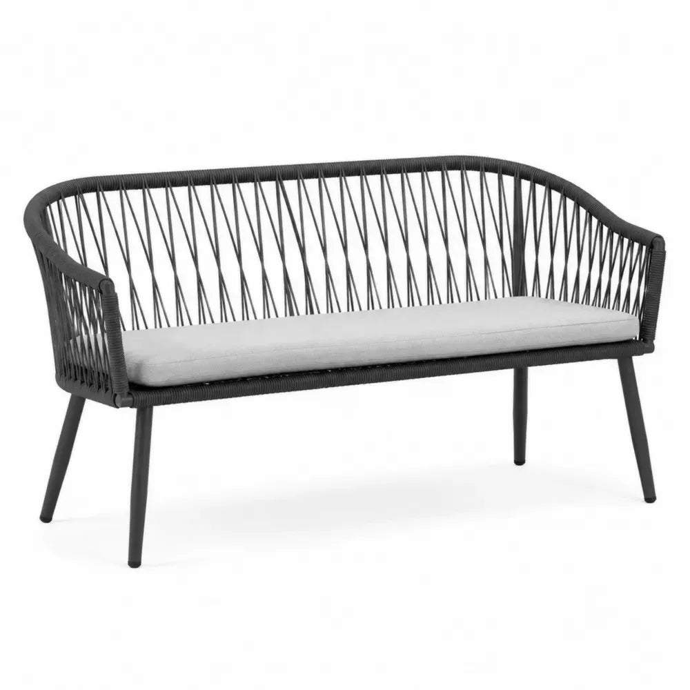Gartenbank 2 Sitzer rechteckig mit Armlehnen 160 x 70 x 82 cm pulverbeschichteter Stahl Polypropylen-Seil Polyestergewebe Hellgrau Schwarz