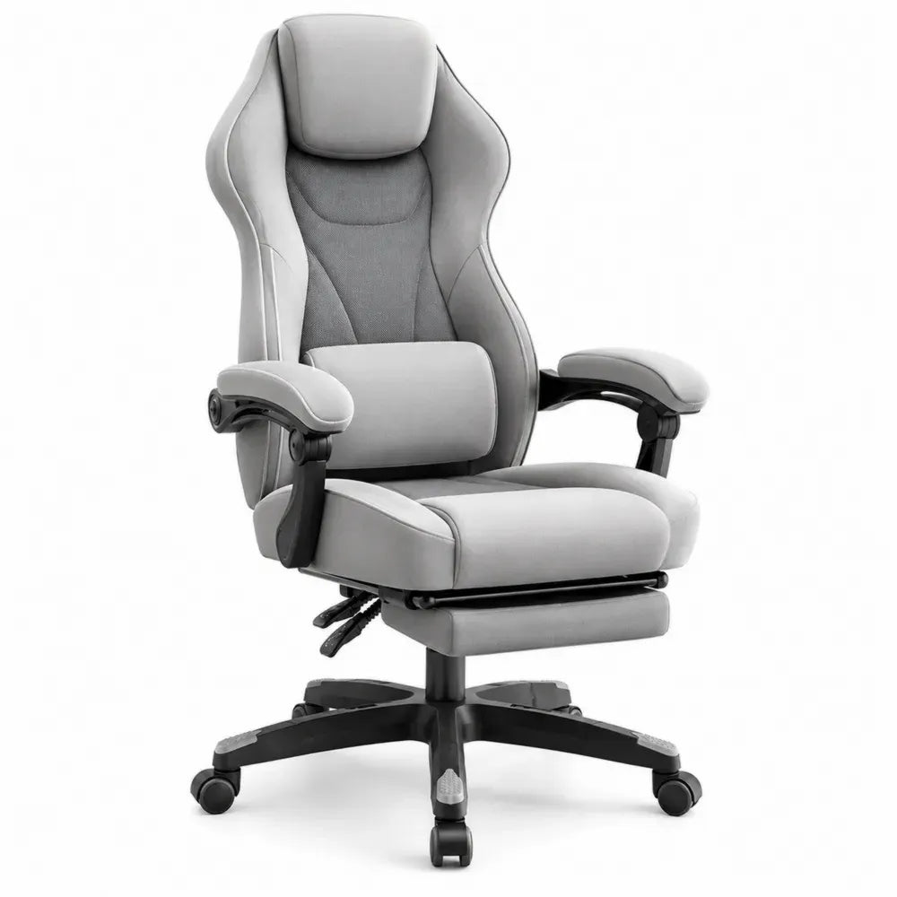 Gamingstuhl Bürostuhl höhenverstellbar mit Fußstütze 70 x 72 x 122-132 cm PU-Kunstleder Polyestergewebe Hellgrau Dunkelgrau Schwarz