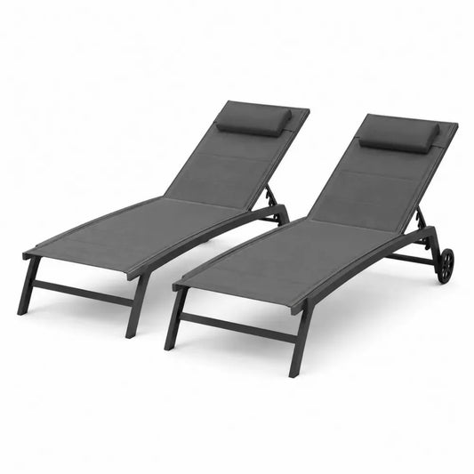 Sonnenliegen Set 2 teilig rechteckig mit verstellbarer Rückenlehne Rollen und Nackenkissen je 200 x 65 x 95 cm Aluminium PVC-beschichtetes Polyestergewebe Anthrazit Schwarz