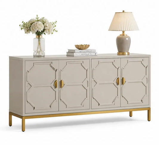 Sideboard Aufbewahrungsschrank 4 Türen 180 x 40 x 82 cm MDF Spanplatte Stahl rechteckig Cremegrau Goldfarben
