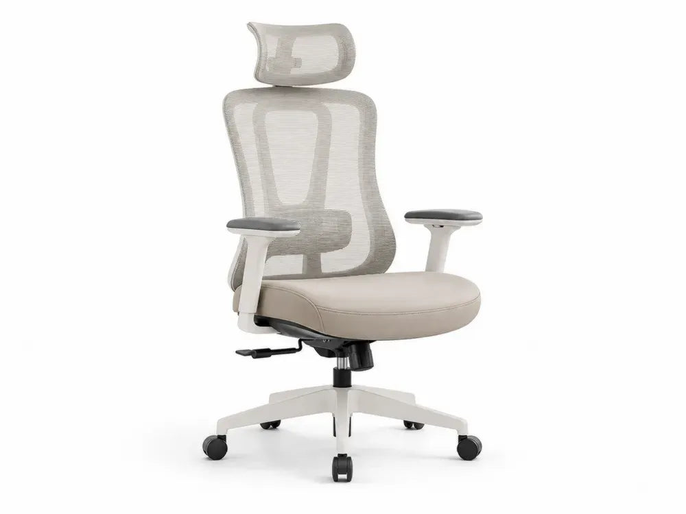 Bürostuhl Computerstuhl höhenverstellbar mit Kopfstütze Netzrücken Armlehnen und Rollen Polyestergewebe PP Kunststoff beige weiß schwarz 66 x 68 x 116 bis 126 cm