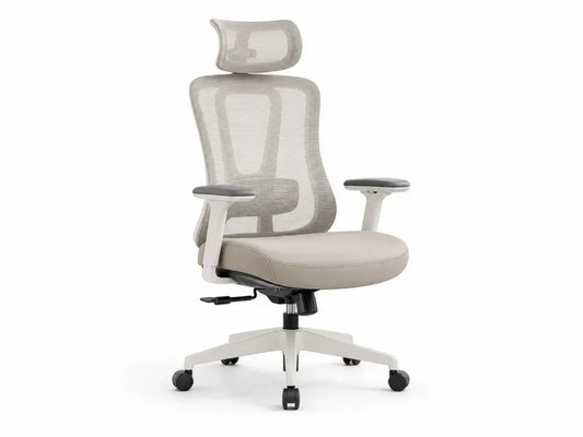 Bürostuhl Computerstuhl höhenverstellbar mit Kopfstütze Netzrücken Armlehnen und Rollen Polyestergewebe PP Kunststoff beige weiß schwarz 66 x 68 x 116 bis 126 cm